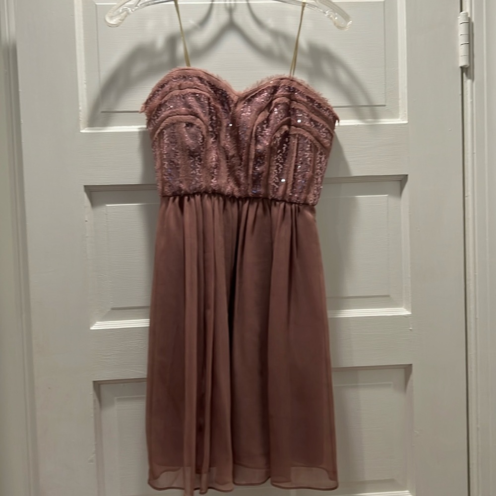 Mauve sequined top strapless mini party dress
